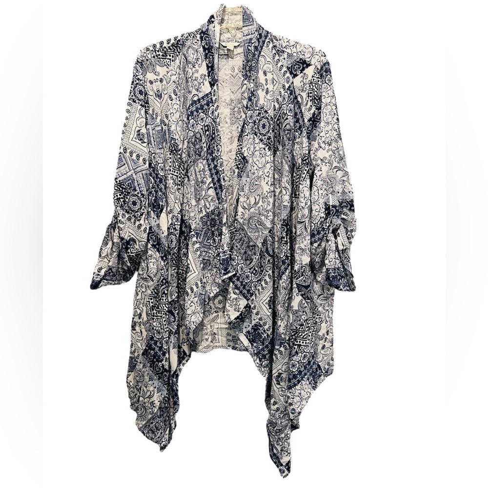 White Blue Bandanna Print Waterfall Cardigan Lightweight Boho Beachy Size 18/20